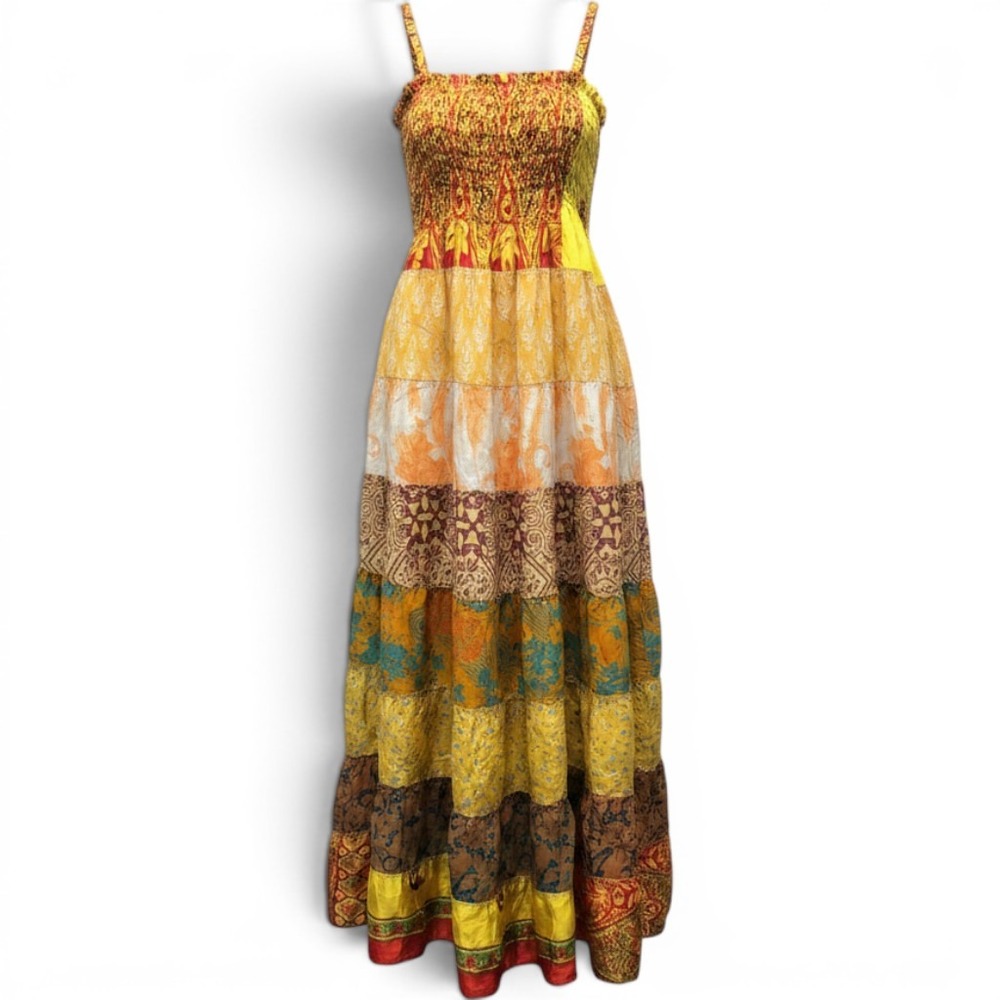 Junglee Billee Maxi Dress Womens OS Yellow Like New Upcycled Vintage Sari Tiered